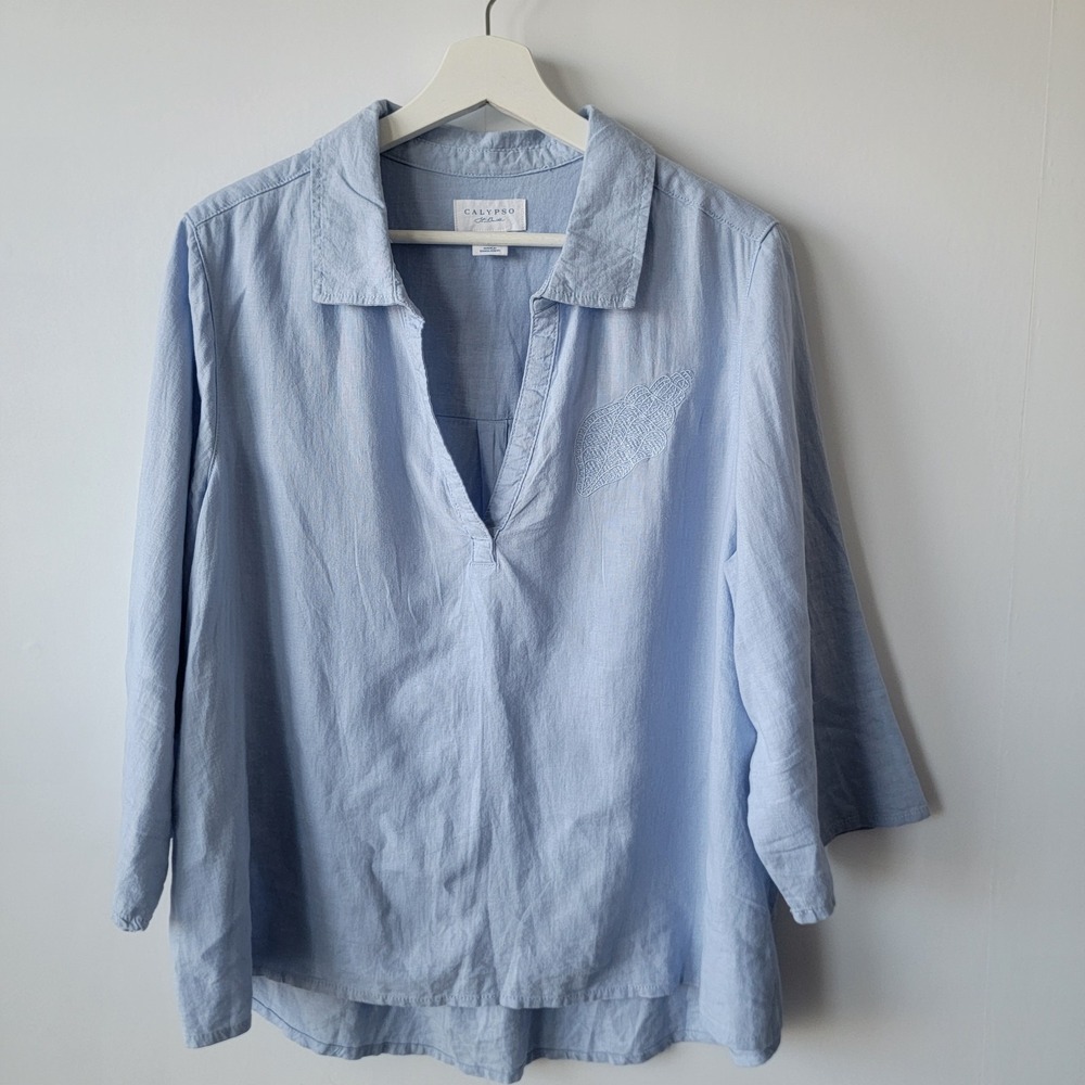 calypso st.barth women's linen blend embroidered shirt sz 1x Collared 3/4 sleeve